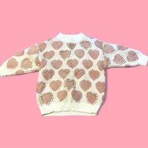 Pink Heart Pattern Sweater with Pearl Accents